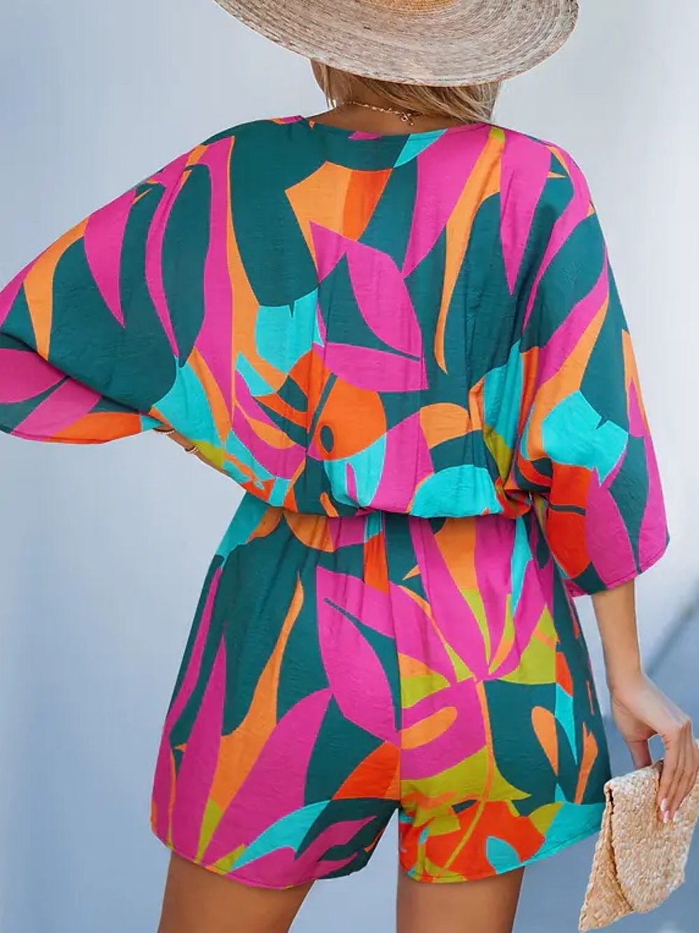 Cupshe Multicolor Tropical Print Wrap Romper in Teal, Pink, Orange - Picture 2 of 2